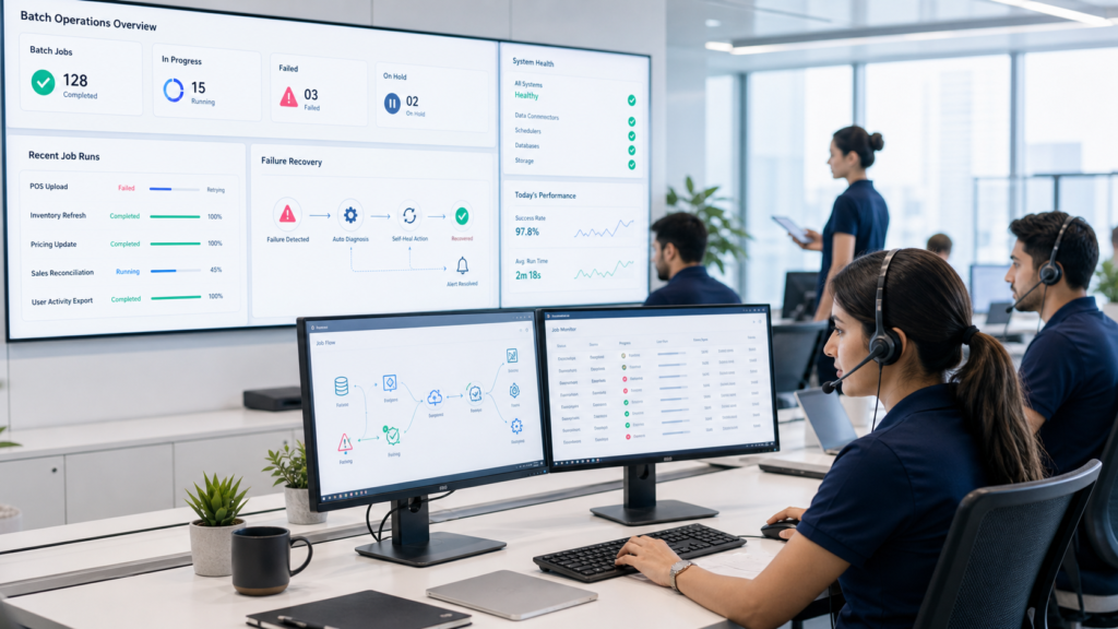 A night-shift operations desk watching a database estate