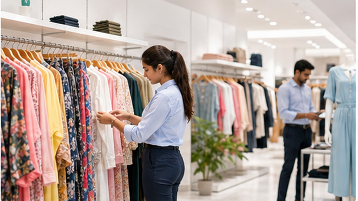Fashion retail merchandise racks in a bright store environment